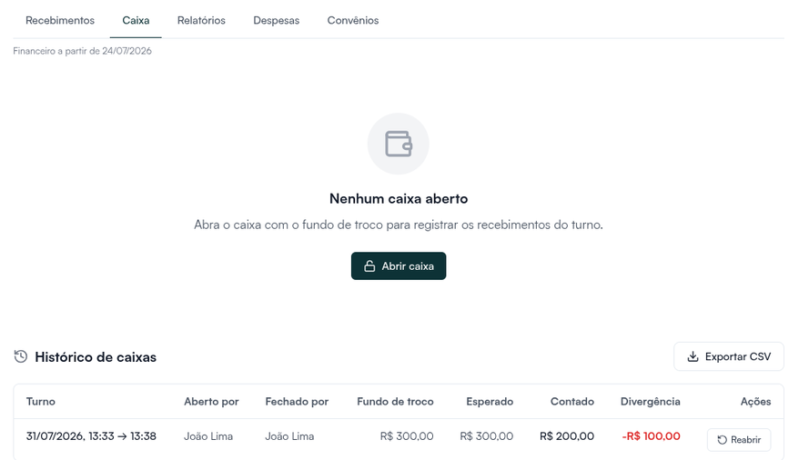 Aba Caixa com Abrir caixa e o Histórico de caixas com fundo de troco, esperado, contado e divergência