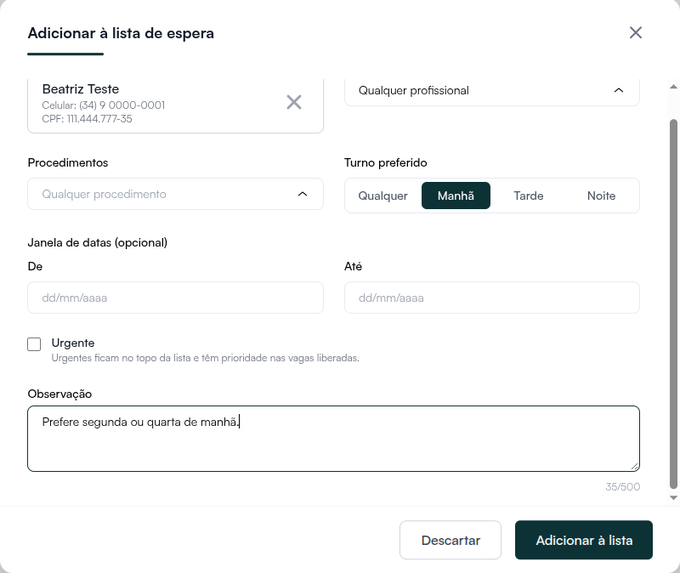 Formulário Adicionar à lista de espera com paciente, profissional, turno Manhã, janela de datas, Urgente e observação