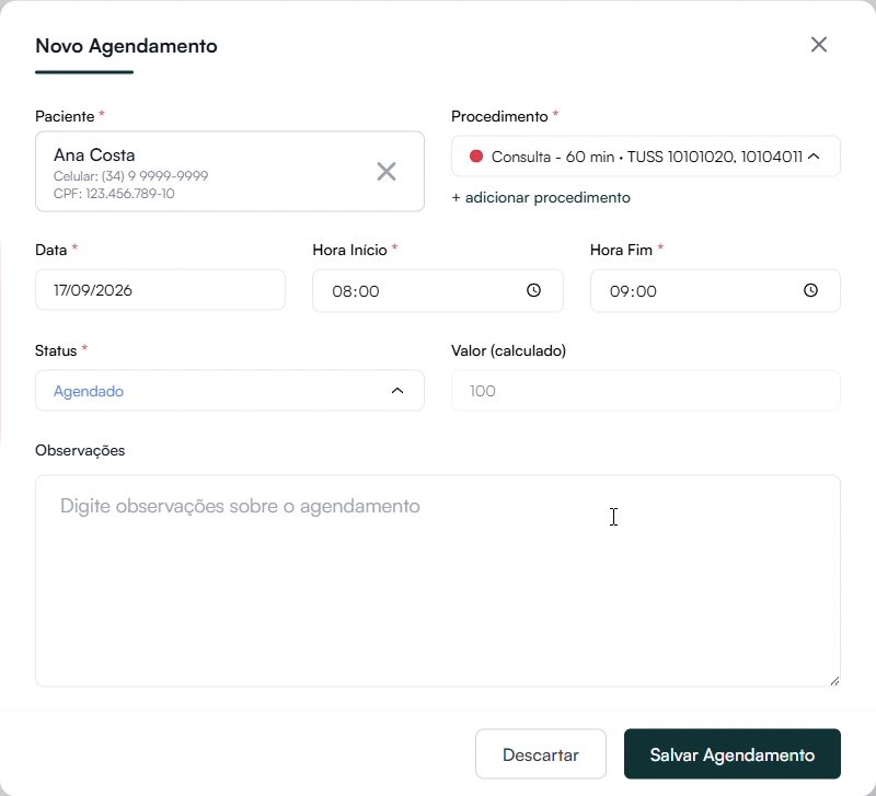 Formulário Novo Agendamento preenchido com uma paciente de teste