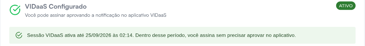 Aviso de sessão VIDaaS ativa, com o horário até quando você assina sem aprovar no aplicativo