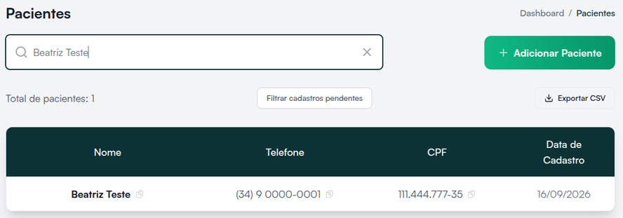 Tela Pacientes com a busca, Filtrar cadastros pendentes, Exportar CSV e a paciente de teste encontrada
