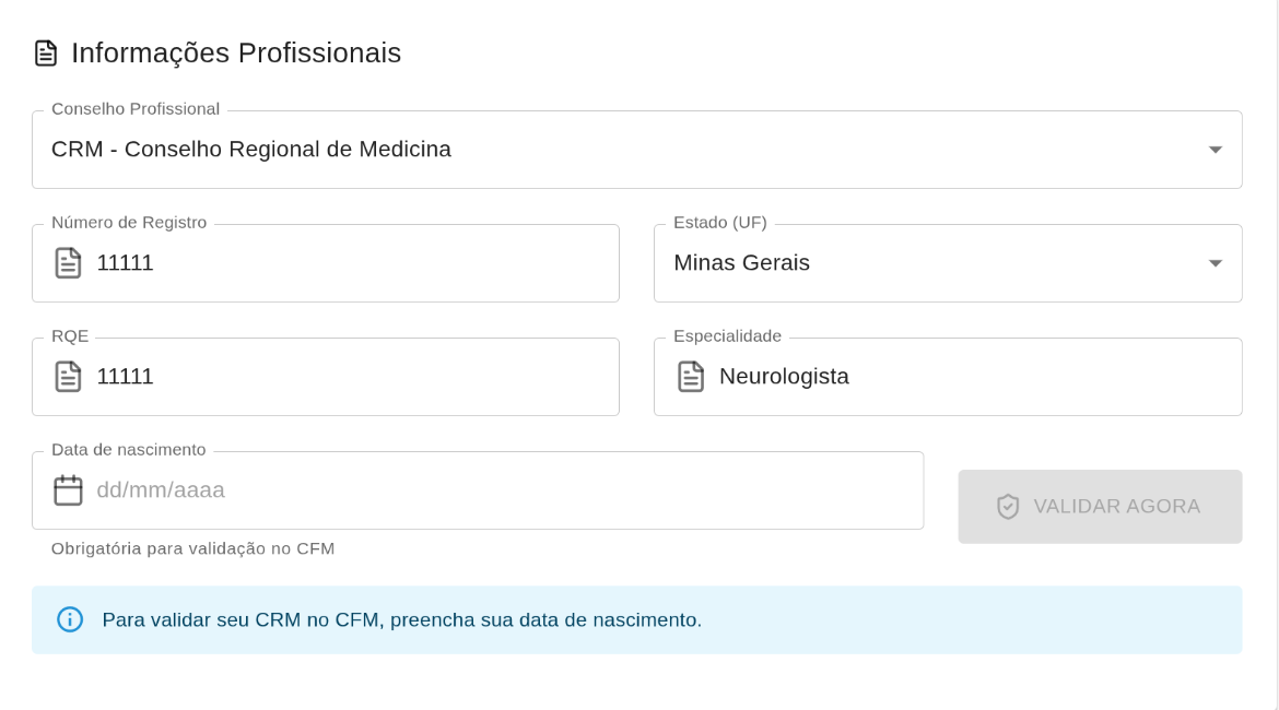 Bloco Informações Profissionais com conselho, registro, UF, RQE e o botão Validar agora