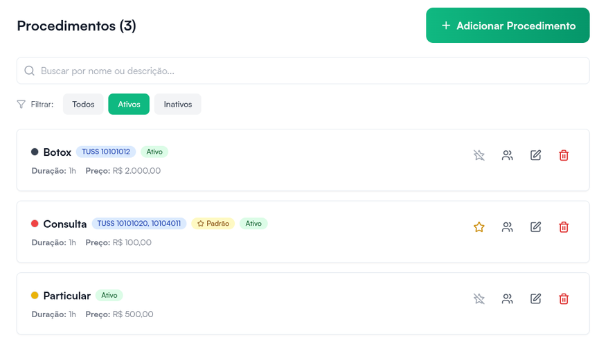 Tela Procedimentos com Adicionar Procedimento, filtros e cada procedimento com TUSS, duração, preço e as ações