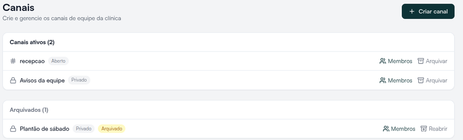 Configurações > Canais com Criar canal, canais ativos abertos e privados, Membros, Arquivar e Reabrir
