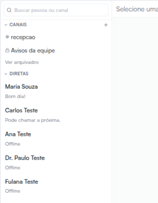 Lista do Chat com a busca, os Canais e as conversas Diretas (nomes fictícios)