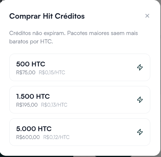 Janela Comprar Hit Créditos com os pacotes de 500, 1.500 e 5.000 HTC