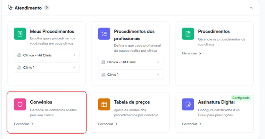 A tela Configurações, na seção Atendimento, com o card Convênios destacado