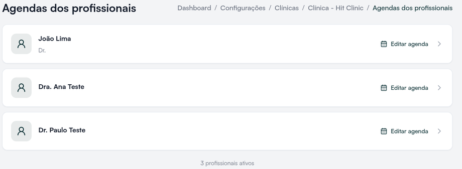 Agendas dos profissionais de uma clínica, com Editar agenda em cada um (nomes fictícios)