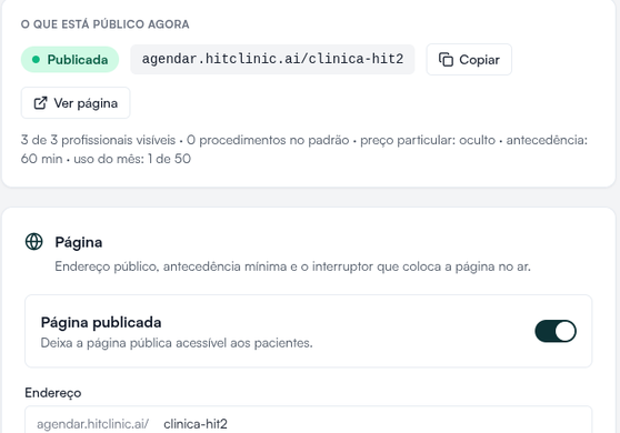 Agendamento online com o resumo O que está público agora e o interruptor Página publicada