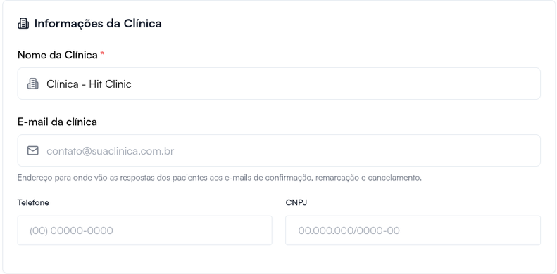 Bloco Informações da Clínica com nome, e-mail da clínica, telefone e CNPJ