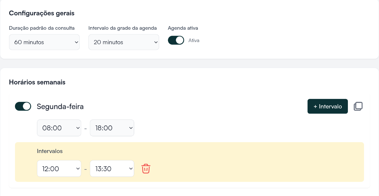 Configurações gerais e Horários semanais da agenda, com intervalo de almoço