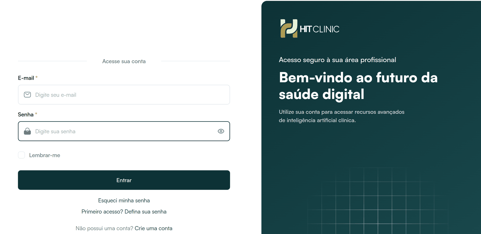 Tela de entrada do Hit Clinic com o link "Primeiro acesso? Defina sua senha" abaixo de "Esqueci minha senha"