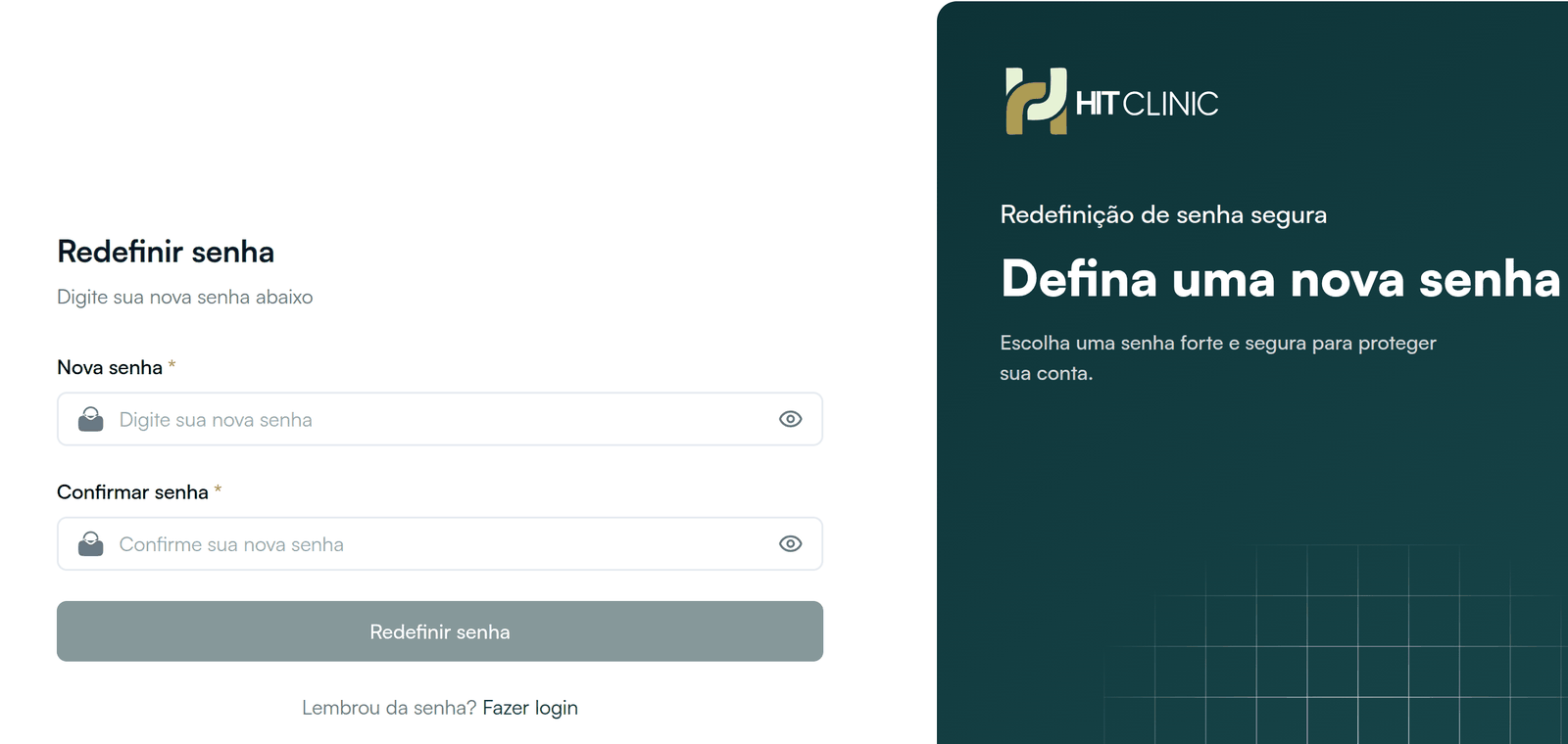 Tela de redefinição com os campos Nova senha e Confirmar senha