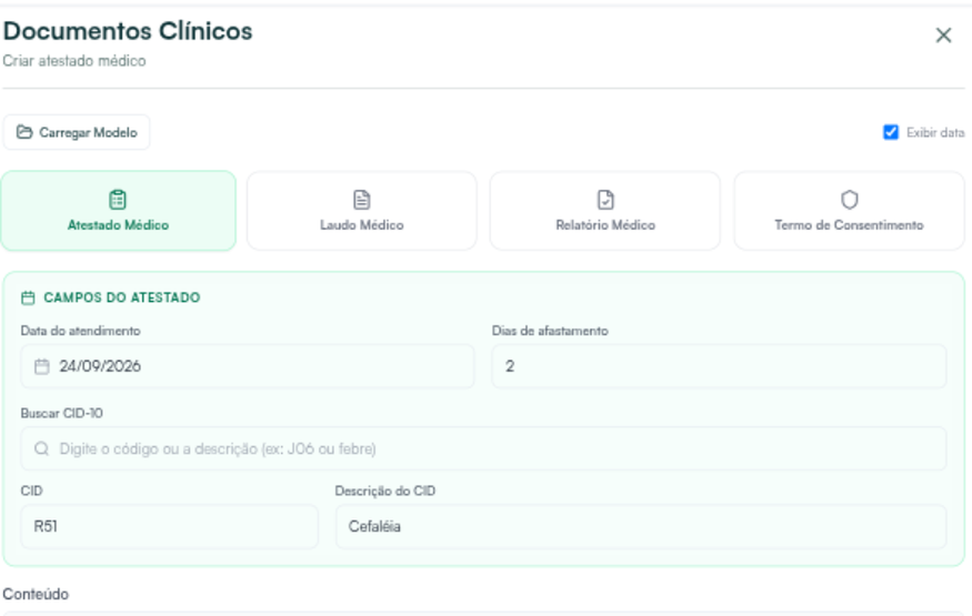 Documentos Clínicos com Atestado Médico escolhido, dias de afastamento e CID preenchidos