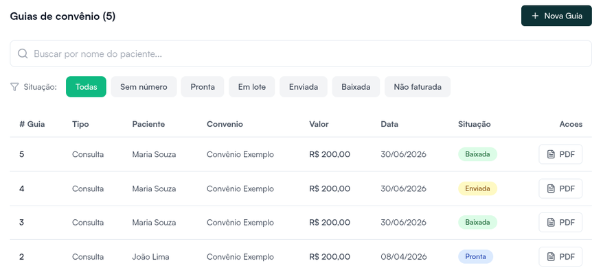 Aba Guias com Nova Guia, filtros por situação e cada guia com tipo, valor, data, situação e PDF (dados fictícios)