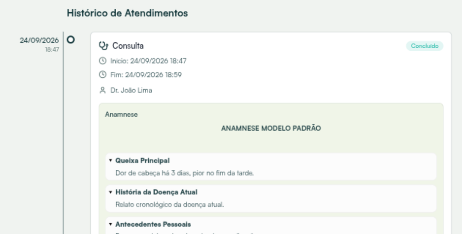 Consulta concluída no Histórico de Atendimentos: a anamnese aparece só para leitura