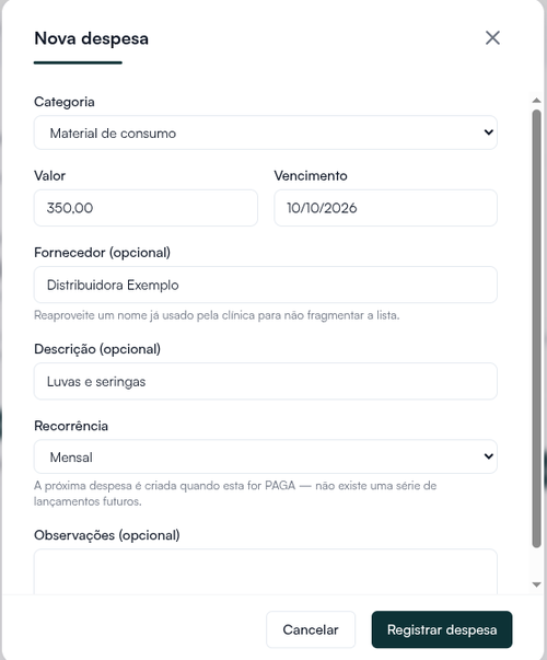Janela Nova despesa preenchida com categoria, valor, vencimento, fornecedor, descrição e recorrência Mensal