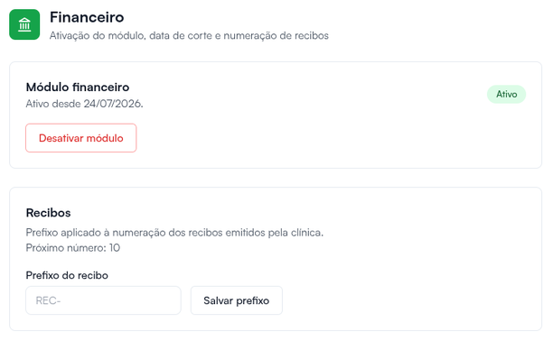 Configurações > Financeiro com o Módulo financeiro ativo e o bloco Recibos com o prefixo