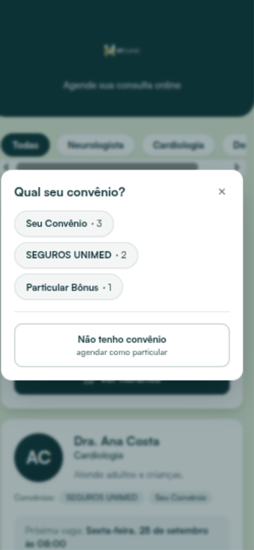 A pergunta Qual seu convênio? no link de agendamento da clínica, aberto no celular
