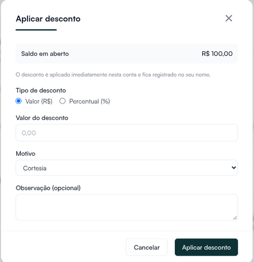 Janela Aplicar desconto, que aparece para quem aprova, com tipo, valor, motivo e observação