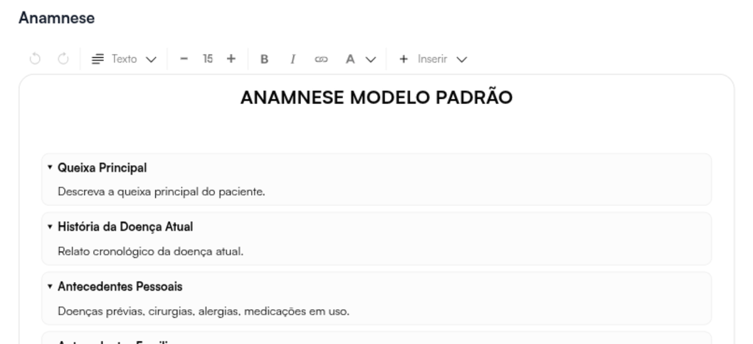 Anamnese Modelo Padrão com os primeiros blocos e as frases-guia