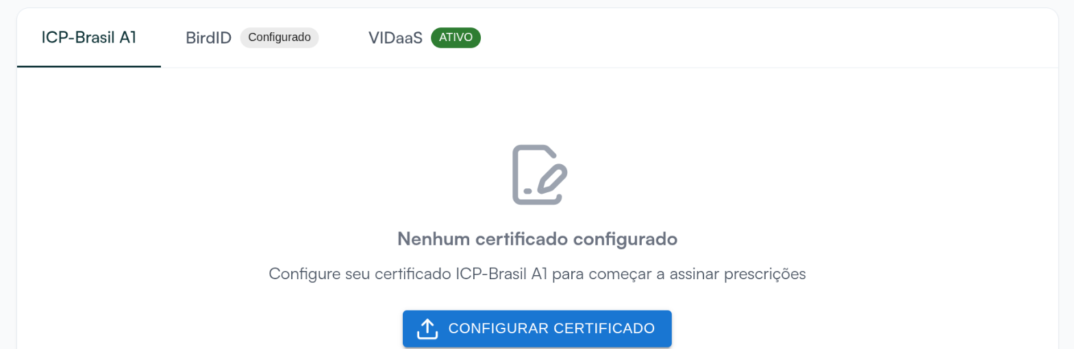 Abas ICP-Brasil A1, BirdID e VIDaaS na tela Assinatura Digital