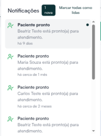 Notificações do sino com avisos Paciente pronto (nomes fictícios)