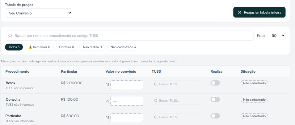 Tabela de preços de um convênio com filtros por situação e as colunas Particular, Valor no convênio, TUSS e Realiza